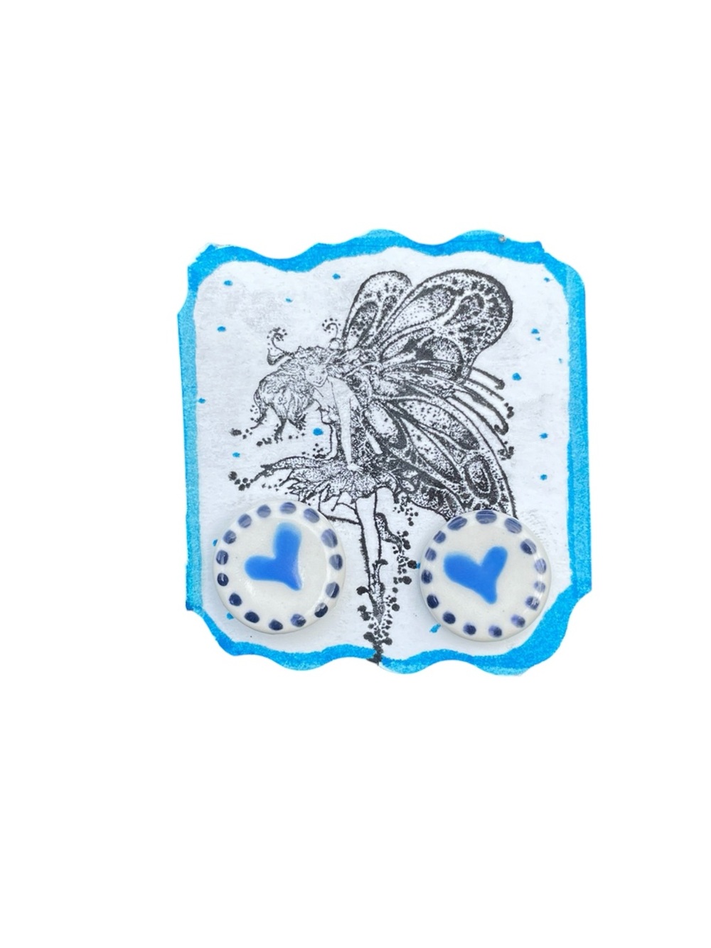 Blue Heart Stud Earrings on Decorative Fairy Card